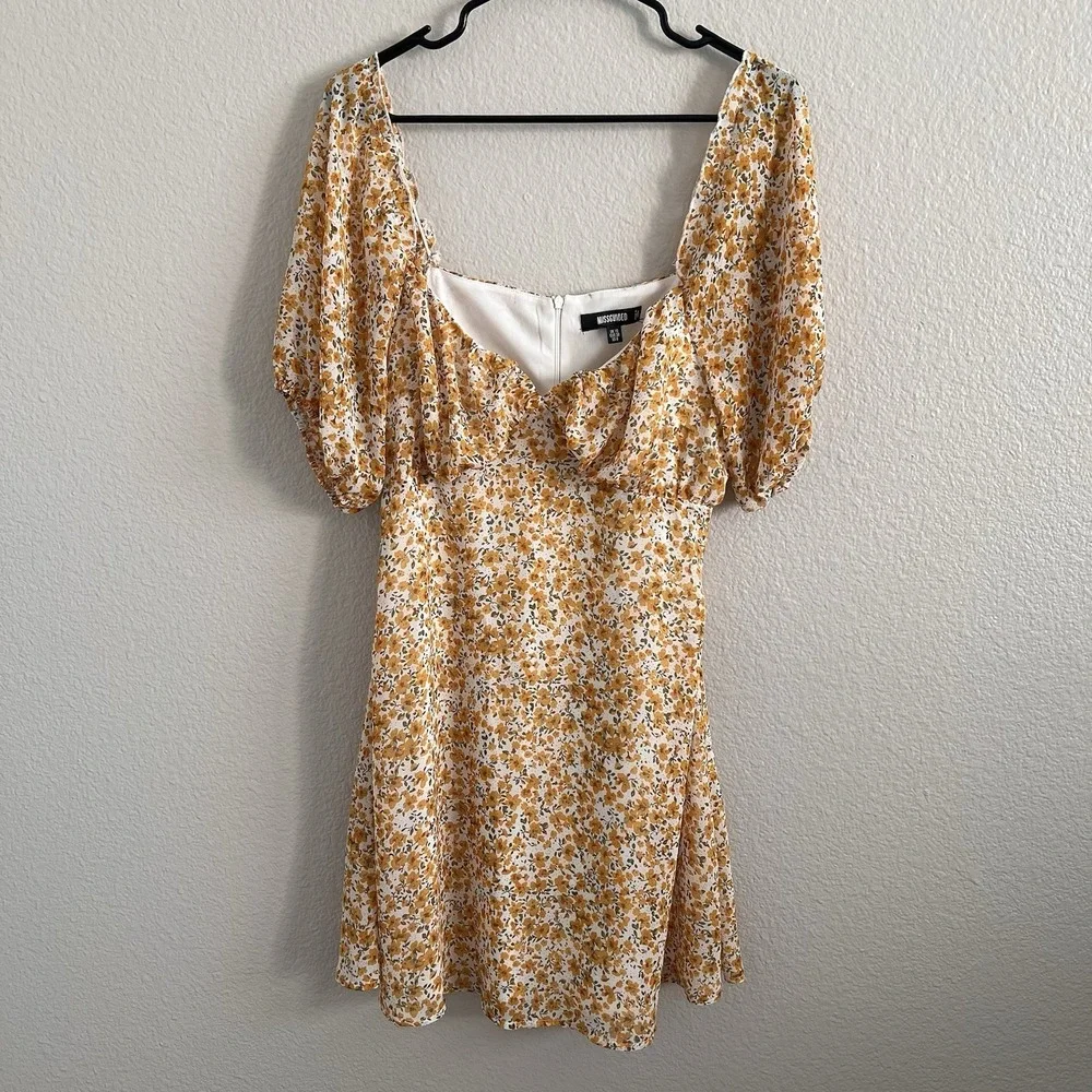 Missguided Sz 6 Dress Puff Sleeve Empire Waist Floral Mini Milkmaid Cottagecore - Picture 2 of 7
